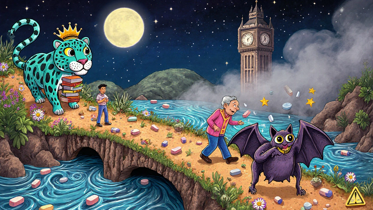 A symbolic bridge shows calm path with hydroxyzine jaguar vs. dangerous path with Benadryl bat leading to dementia.