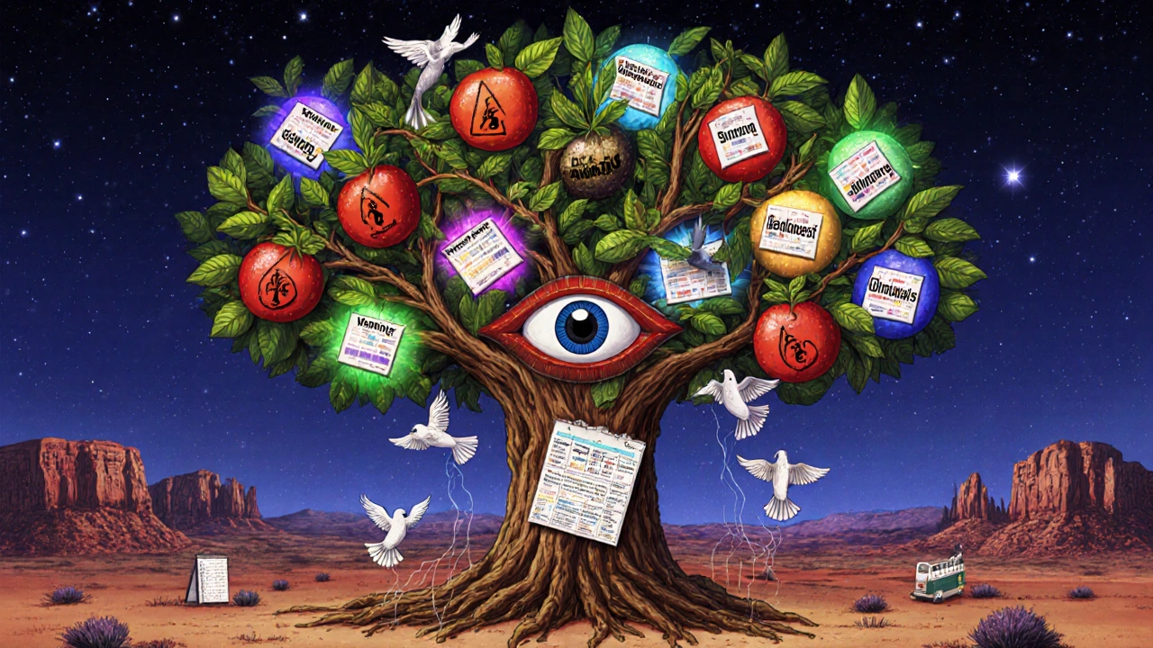 A tree with drug-named fruit and medical chart roots, glowing warning halos, and alebrije birds carrying data into an FDA eye.