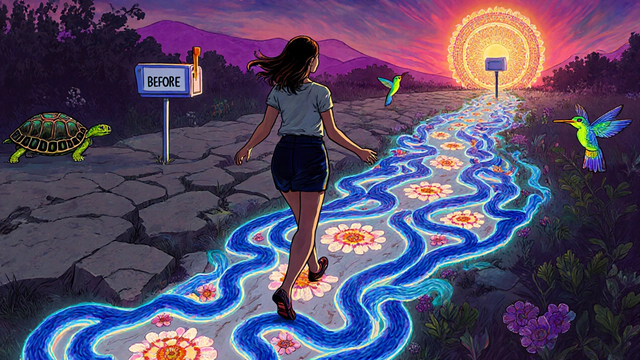 A woman walking on a glowing artery path toward a warm mailbox, flanked by spirit animals symbolizing improved mobility.