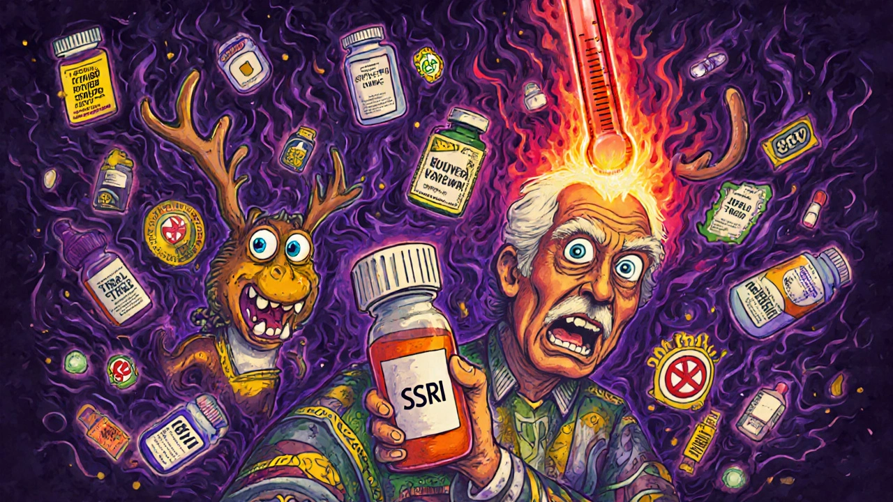 An elderly person surrounded by chaotic drug symbols as spirit animals in colorful folk-art style.