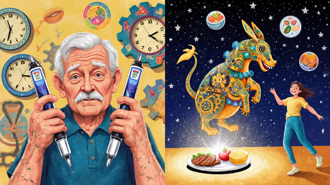 An elderly person with arthritis holding two insulin pens, beside a glowing CGM creature, in a split scene of rigid meals and flexible eating.