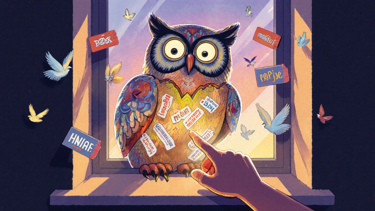 An owl-shaped inbox made of FDA alert icons, with keyword tags fluttering like birds, as a hand subscribes in soft morning light.