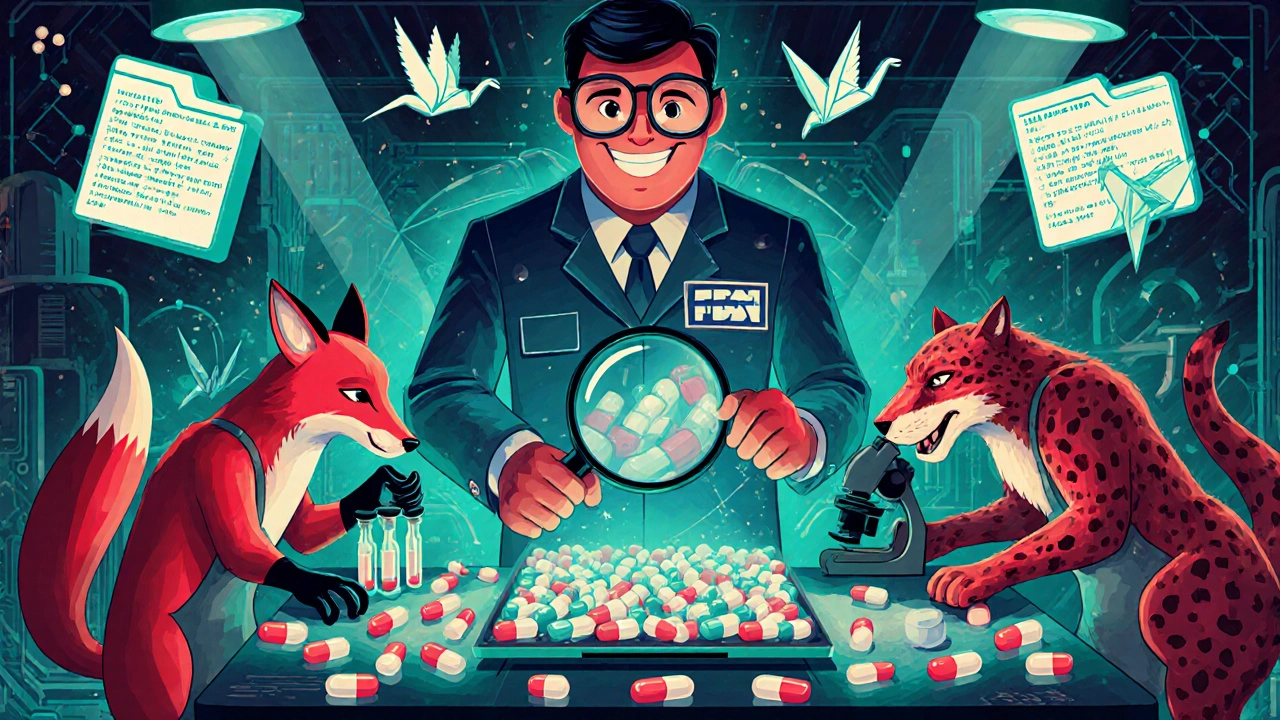 Animal-headed workers assemble pills in a glowing factory, inspected by a stained-glass magnifying glass-wielding figure.