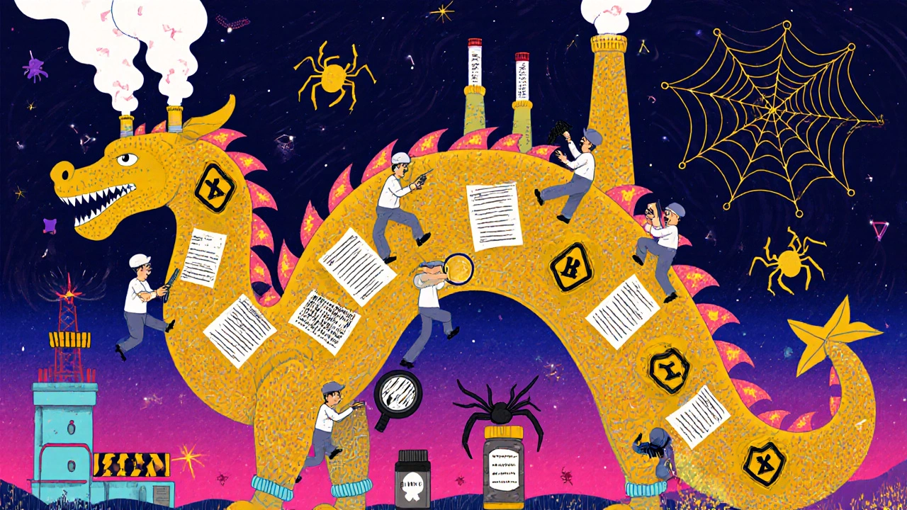 Factory dragon breathing toxic warning smoke, tiny FDA inspectors battling it, psychedelic alebrije patterns in night sky.