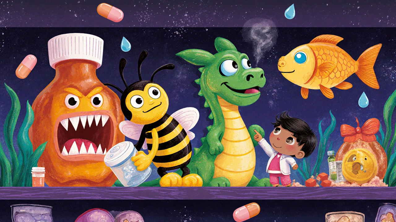 Fantasy medicine bottles with scary faces are pushed away by gentle creatures representing safe remedies like honey and humidifiers.