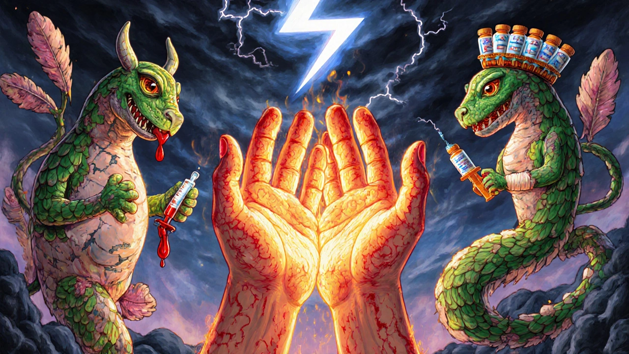 Human hands with blistered, glowing skin surrounded by spirit creatures made of bandages and chemo vials.