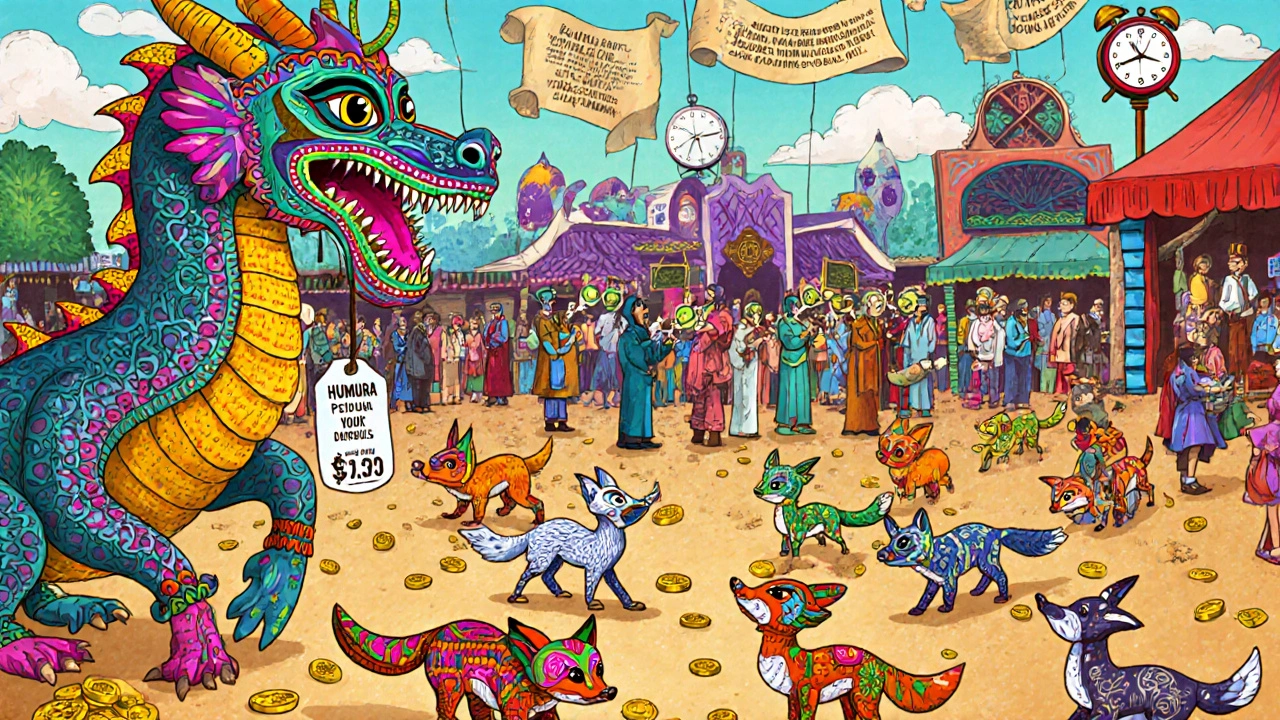 Marketplace with Humira dragon and ten biosimilar animals, puppeteers manipulating rebates above.