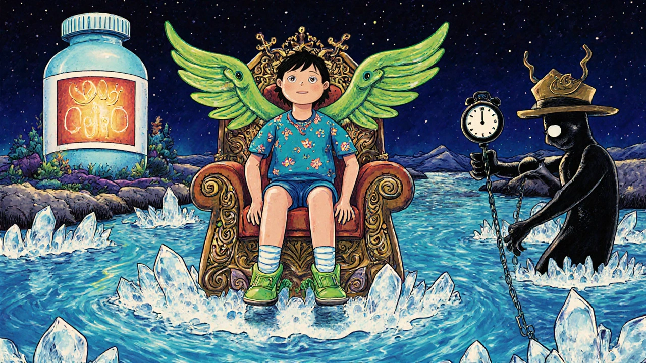 Patient elevating legs above salt river, wearing compression socks shaped like lizards, with doctor&#039;s office in distance.