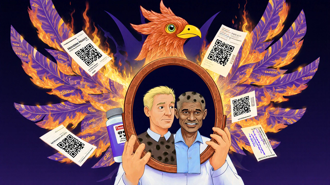 Patient holding pill bottle reflecting healthy and sick versions, phoenix rising from burning reports, glowing recall codes.