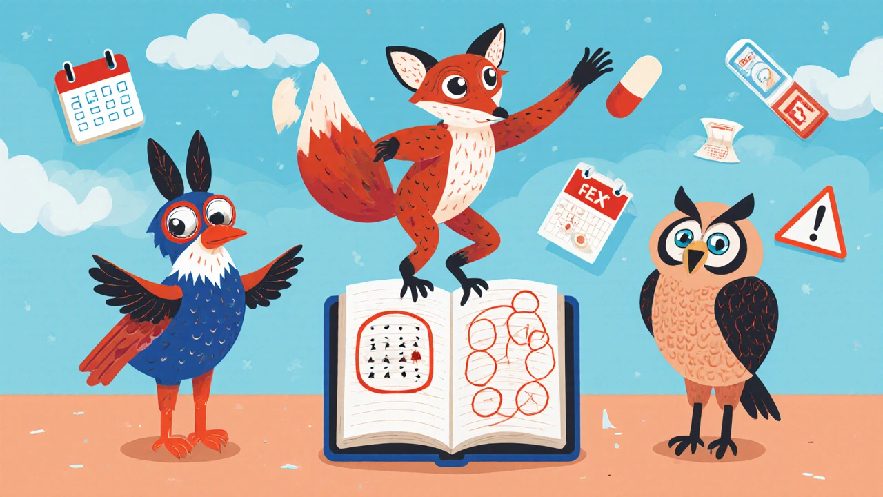 Three spirit animals symbolizing the 3-2-1 Method, surrounding a pill box with floating test and calendar icons.