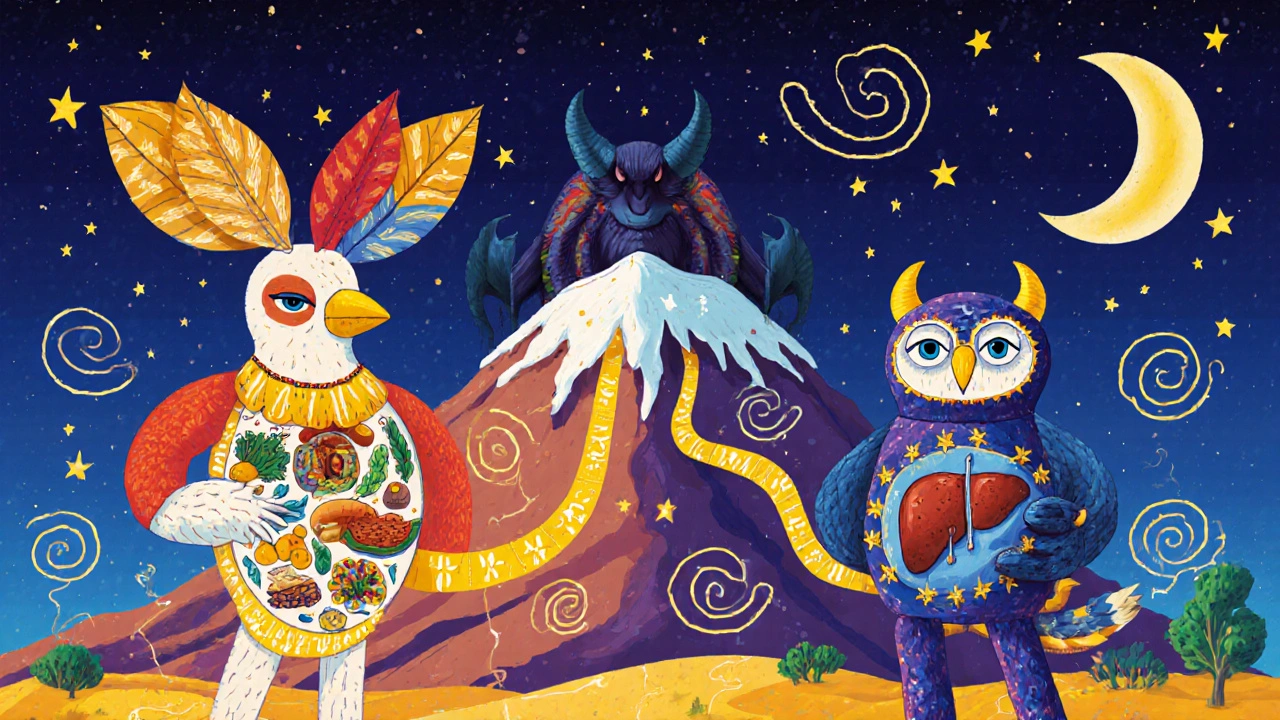 Two fantastical humans—one early bird, one night owl—each with their own eating window, metabolisms glowing differently.