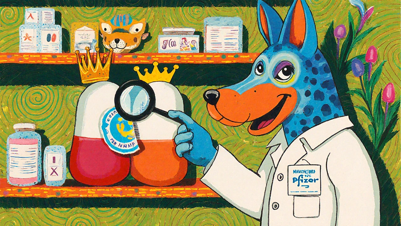 Two identical pill creatures on a pharmacy shelf, one with a crown and one plain, both decorated in vibrant alebrije style.