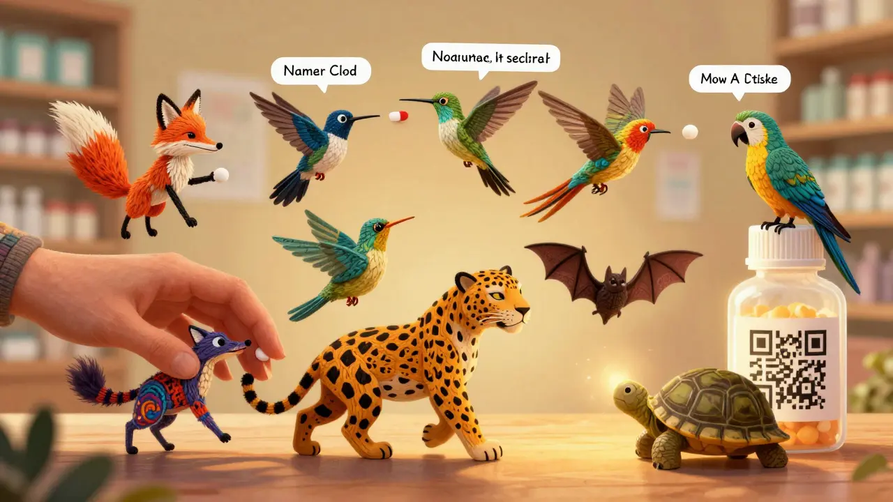 A 30-second safety check shown as six spirit animals guiding each step of pill-taking with colorful alebrije patterns.