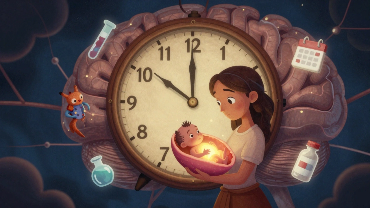 A clock with TSH needle correcting to 2.5 as a mother holds her baby in a glowing placenta, surrounded by medical icons.