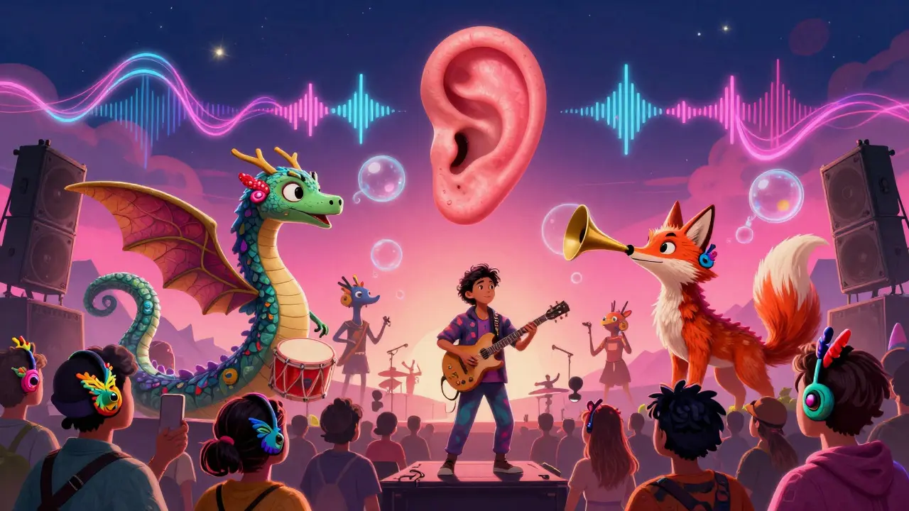 A concertgoer at a festival wears alebrije-inspired earplugs, protected by magical sound bubbles as musical creatures swirl around them.