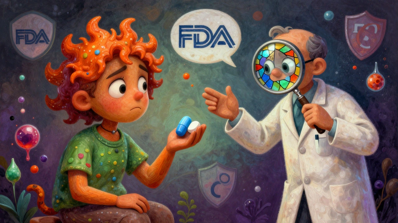 A confused patient and a stained-glass pharmacist explaining pill differences in folk art style.