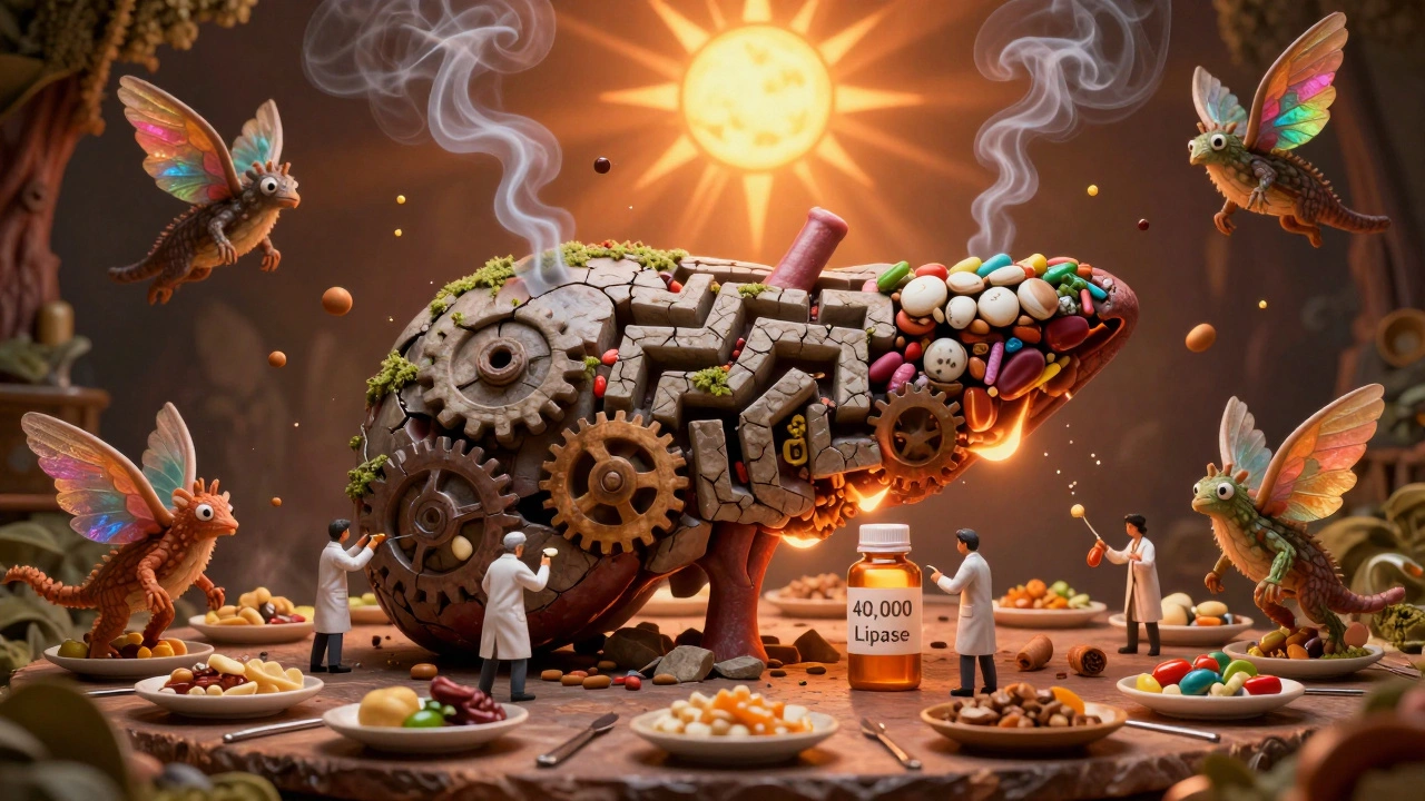 A crumbling pancreas turning to stone, repaired by enzyme bottles and lit by MCT oil sun.