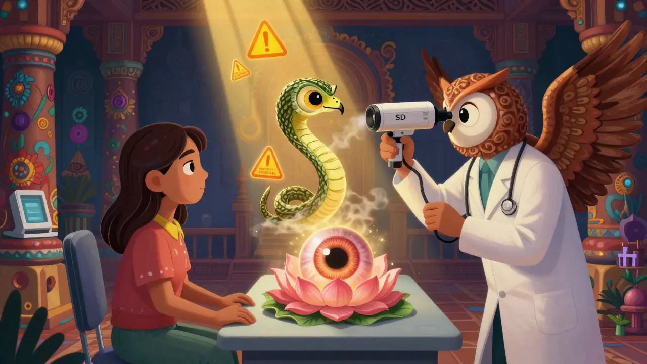 A doctor with owl wings scans a patient's retina as a lotus flower blooms with a bull's-eye pattern in a magical Alebrije temple.