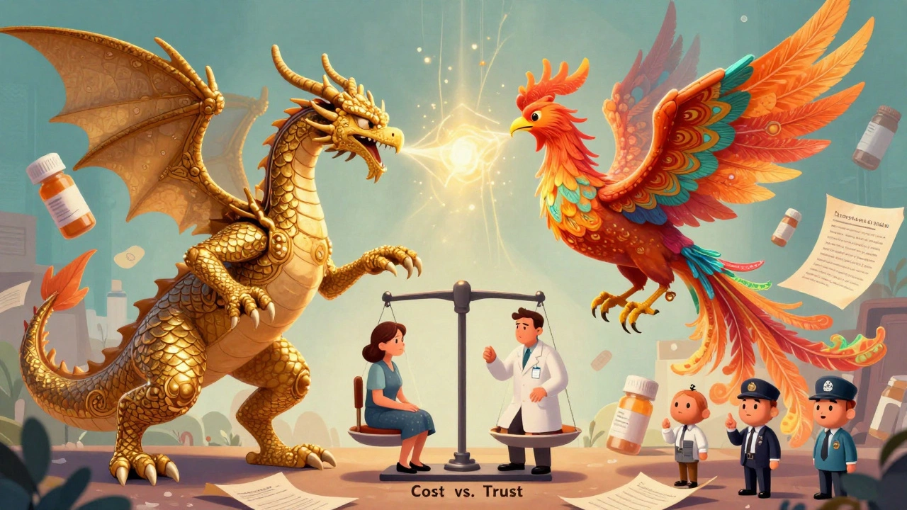 A dragon and phoenix representing brand biologic and biosimilar, battling in a symbolic cost-vs-trust scene.