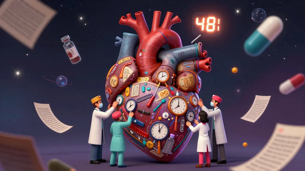 A giant heart-shaped alebrije sculpture with medical symbols and a glowing 48-hour timer, tended by tiny medical figures.