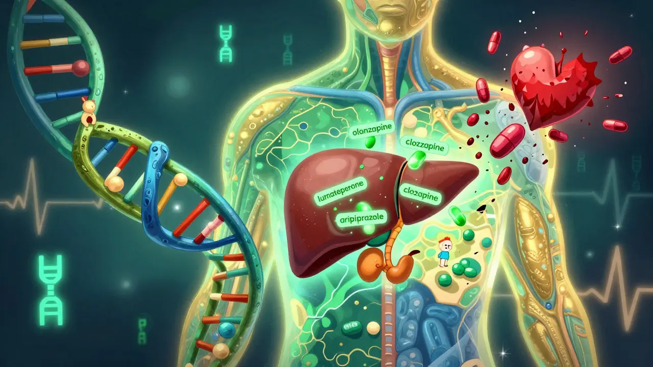 A glowing DNA strand turning into a body map with safe pills landing safely while risky ones crumble, all in vibrant alebrije colors.