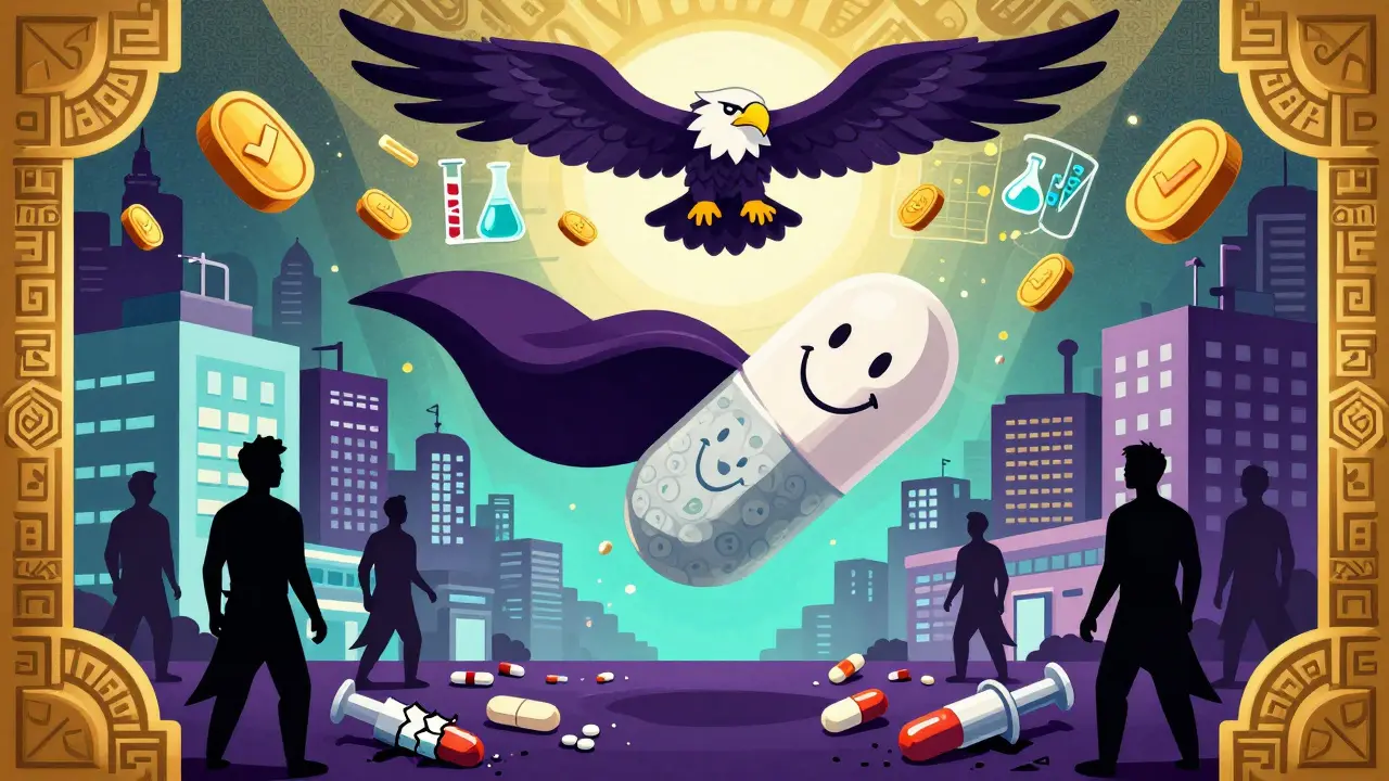 A heroic generic pill flying over a city, crushing failed versions below, while a data-winged eagle drops approval stamps.