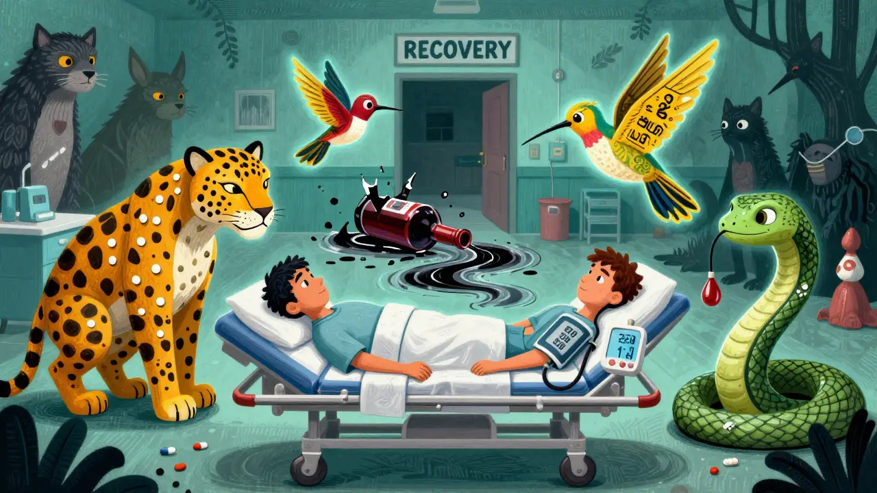 A hospital scene with mythological creatures guarding a patient, surrounded by floating medical warnings and a shattered wine bottle.