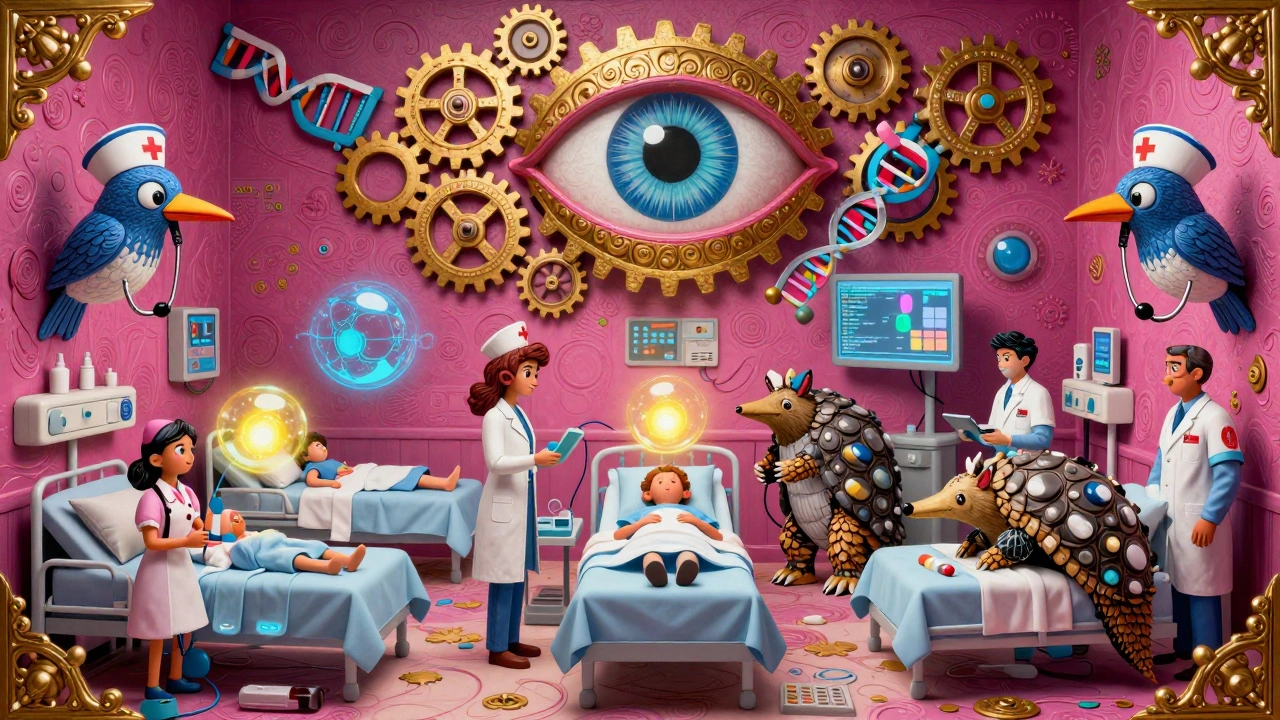 A hospital transformed into an alebrije ecosystem with nurse-birds, pharmacist-armadillos, and a digital eye scanning patients.