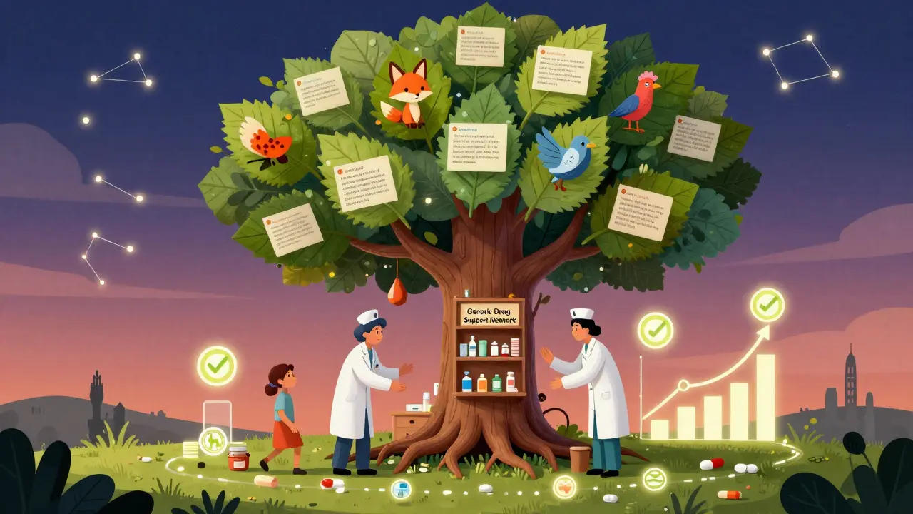 A magical tree with patient stories as leaves grows from a pharmacy, guided by healthcare professionals.
