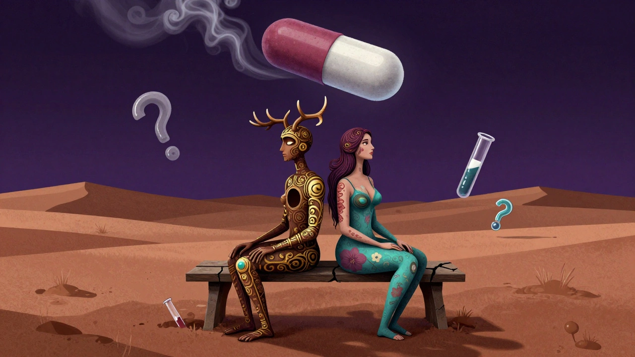 A man and woman transformed into abstract creatures, their bodies fading as a dark opioid pill looms above them.