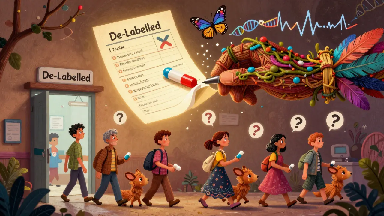 A medical chart being torn apart by feathered hands, releasing butterflies as patients walk free from a hospital with new antibiotic pets.