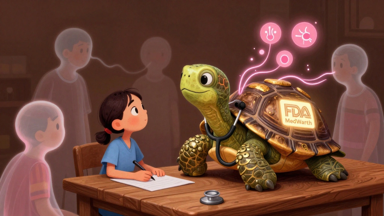 A patient and a stethoscope-turtle alebrije beside a glowing MedWatch form, with ghostly figures whispering symptoms into the air.