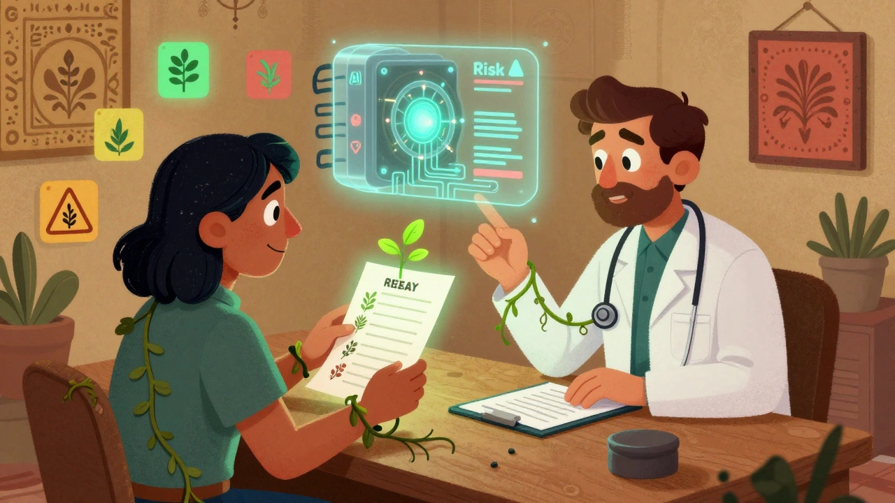 A patient and doctor at a table, herbs growing into vines around medical tools, with a floating AI engine projecting risk warnings.