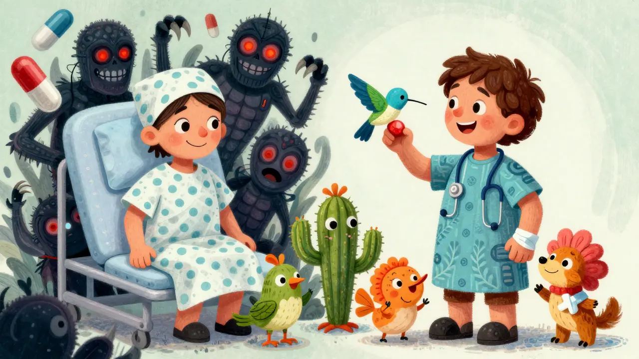 A patient divided between scary antibiotics on one side and a friendly hummingbird pill with cheerful alebrije helpers on the other.