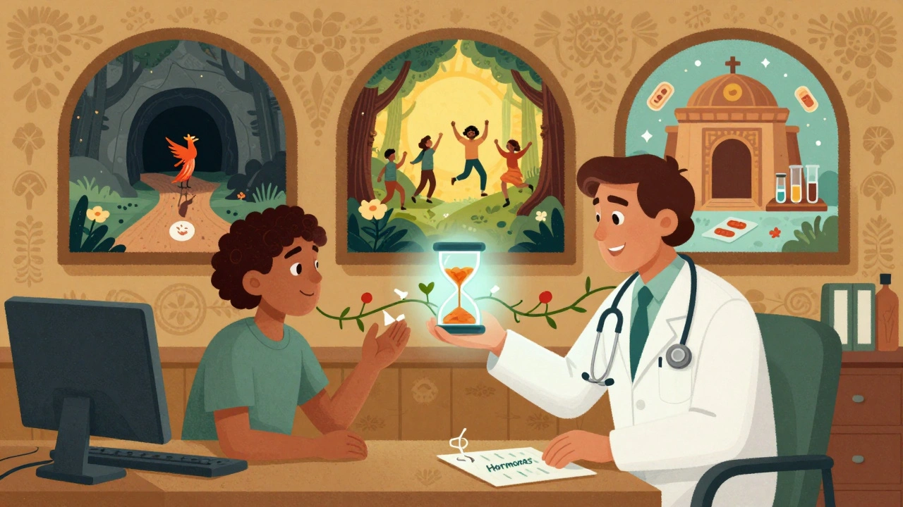 A patient in a medical office holding a broken hourglass, with three paths showing opioid harm versus healing alternatives.