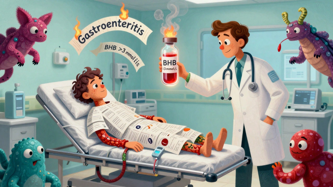 A patient in an ER transformed into a hybrid creature, with a doctor testing blood ketones as misdiagnosed scrolls burn away.