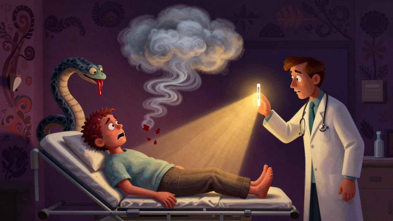 A patient in crisis with symptom monsters, a doctor holding a golden cortisol test strip, and folk-inspired hospital surroundings.
