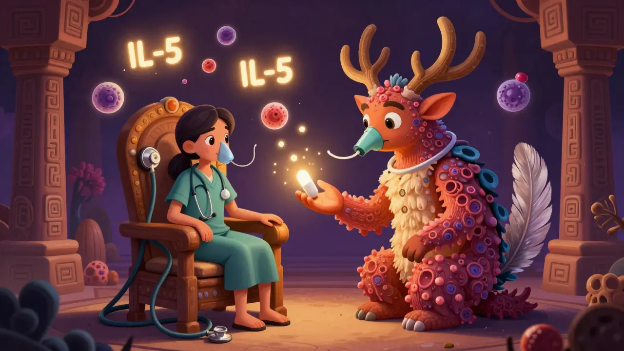 A patient receiving a glowing aspirin capsule from a polyp-antlered alebrije spirit in a medical temple filled with glowing immune symbols.