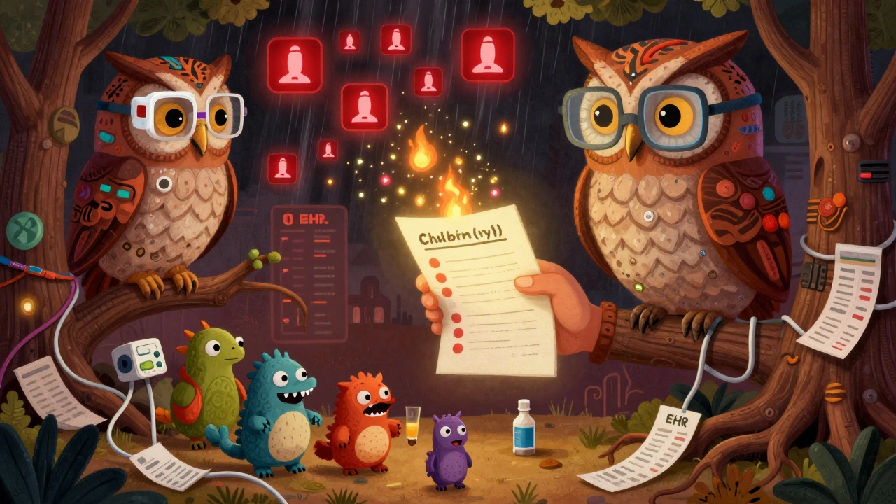 A patient surrounded by medication creatures, watched over by a wise owl with prescription bottle spectacles, in colorful Alebrije art.