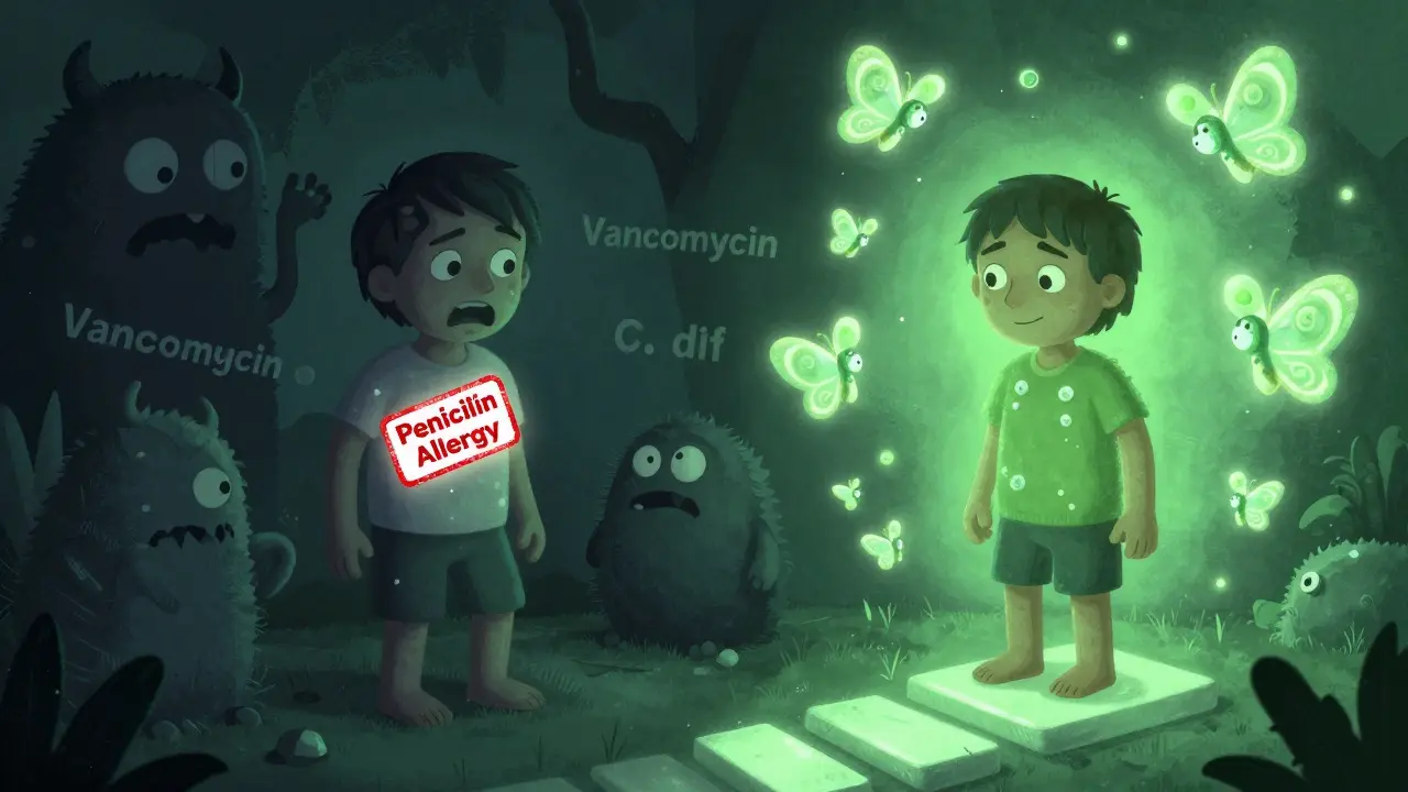 A patient transformed from fear to healing, with dark monsters replaced by gentle penicillin butterflies in a split illustration.