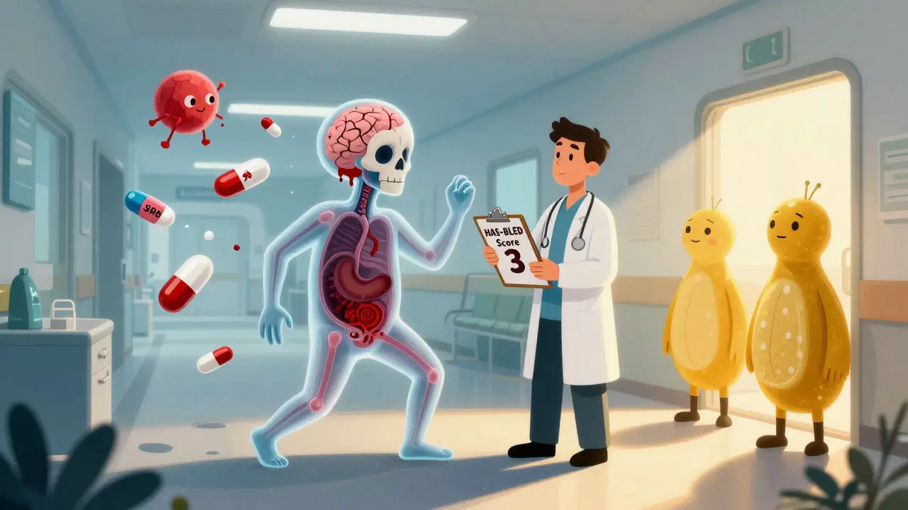 A patient with internal bleeding revealed, surrounded by dancing medication creatures in a whimsical hospital scene.