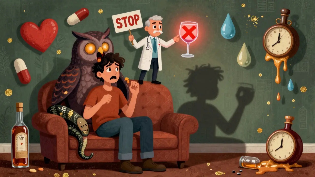 A person's shadow morphs into a monstrous alcohol creature while a doctor warns them with a red X over a wine glass.