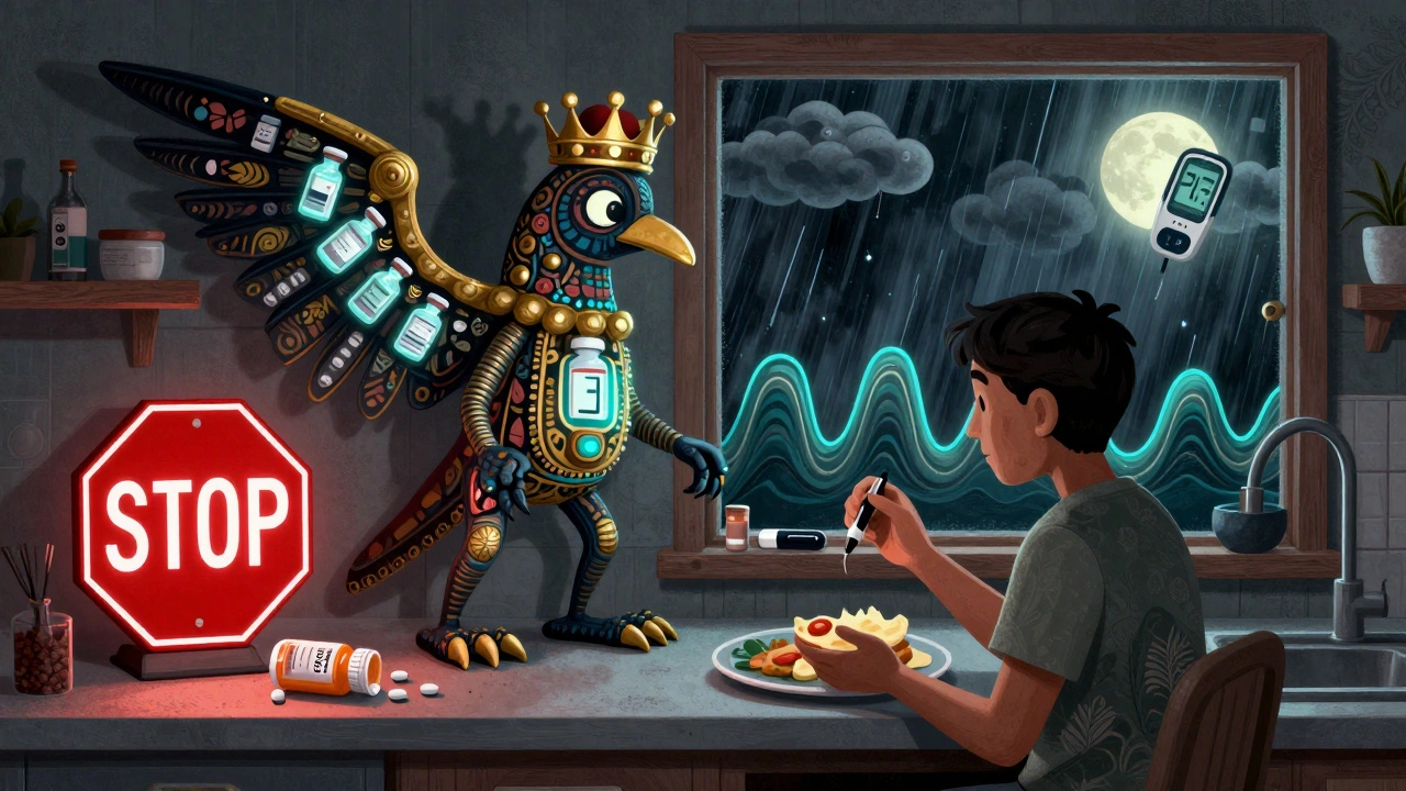 A person testing ketones at home, their shadow as a protective alebrije guardian, with a STOP sign beside a discarded pill bottle.