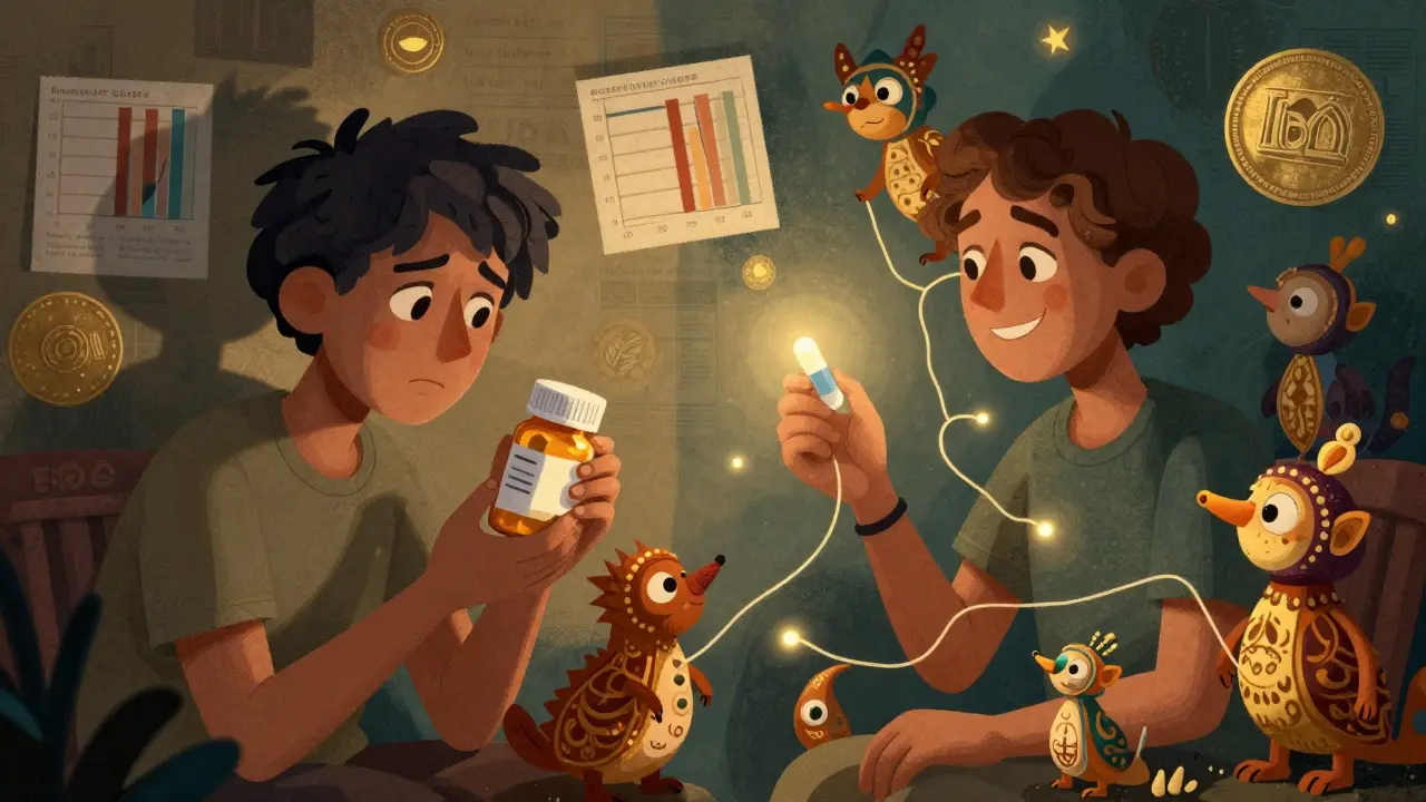 A person transitions from fear to confidence as mythical creatures symbolize peer support for generic drugs.