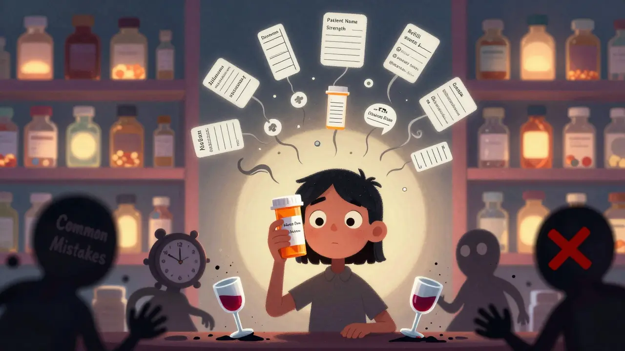 A person understanding their prescription label as chaotic mistake-figures dissolve, guided by a text spirit with label components.