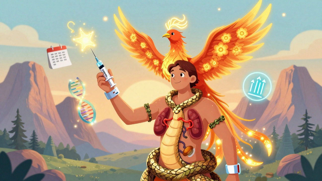 A person with a medical alert bracelet and emergency syringe, surrounded by regenerating phoenix-like adrenals and healing symbols.