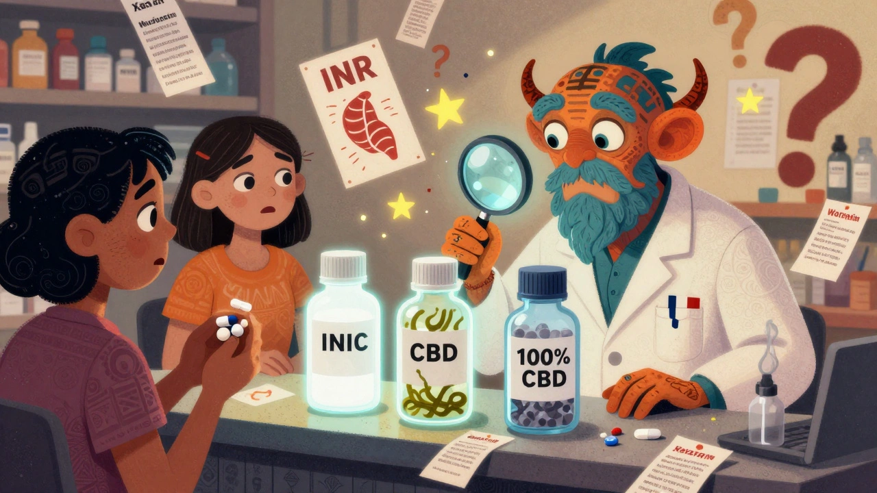 A pharmacist alebrije creature examines mislabeled CBD bottles while patients hold blood thinners and sedatives.