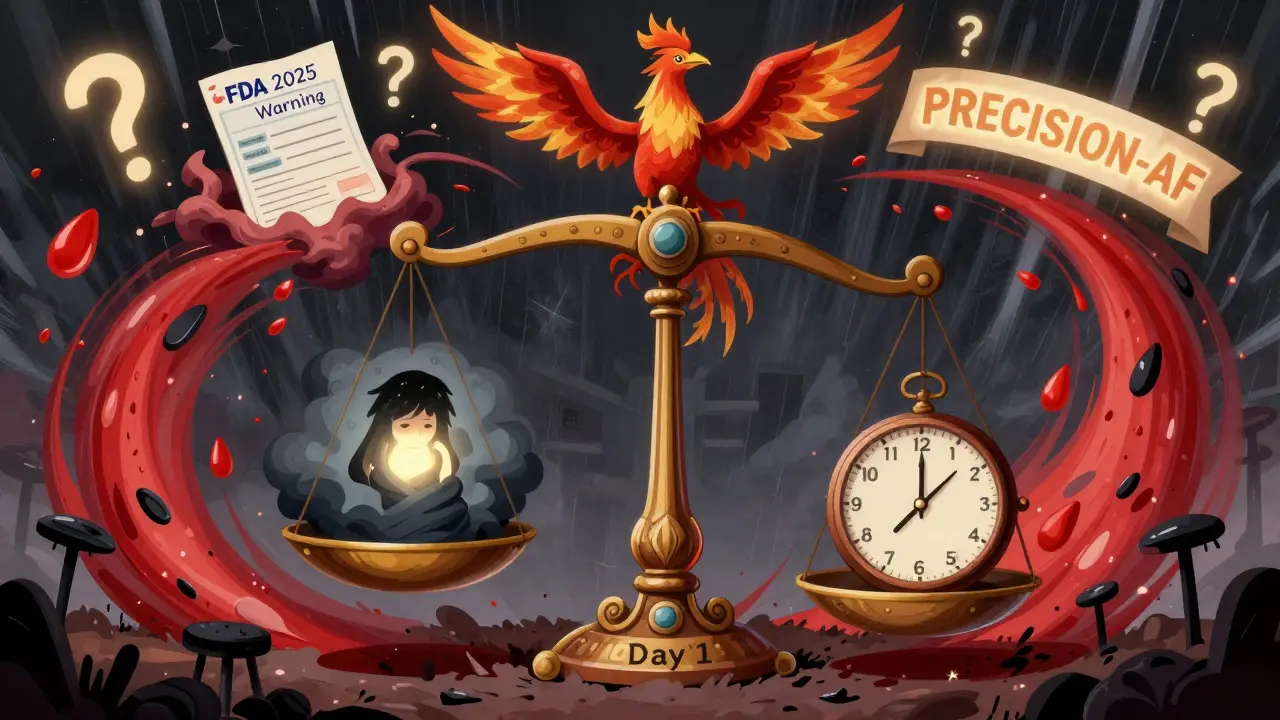 A scale balancing depression against bleeding, with a warning clock and rising medical guidelines in Alebrije style.