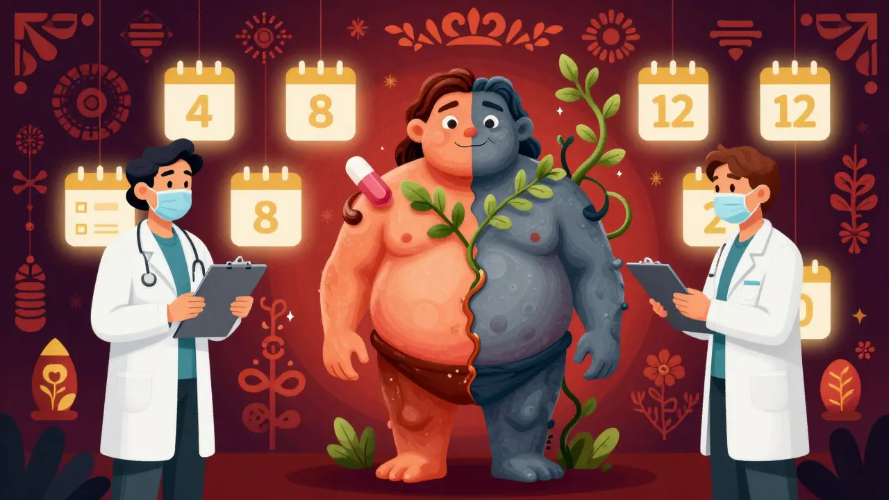 A split-body patient with one healthy side glowing green and the other swollen with fat vines, standing between two doctors in folk art style.
