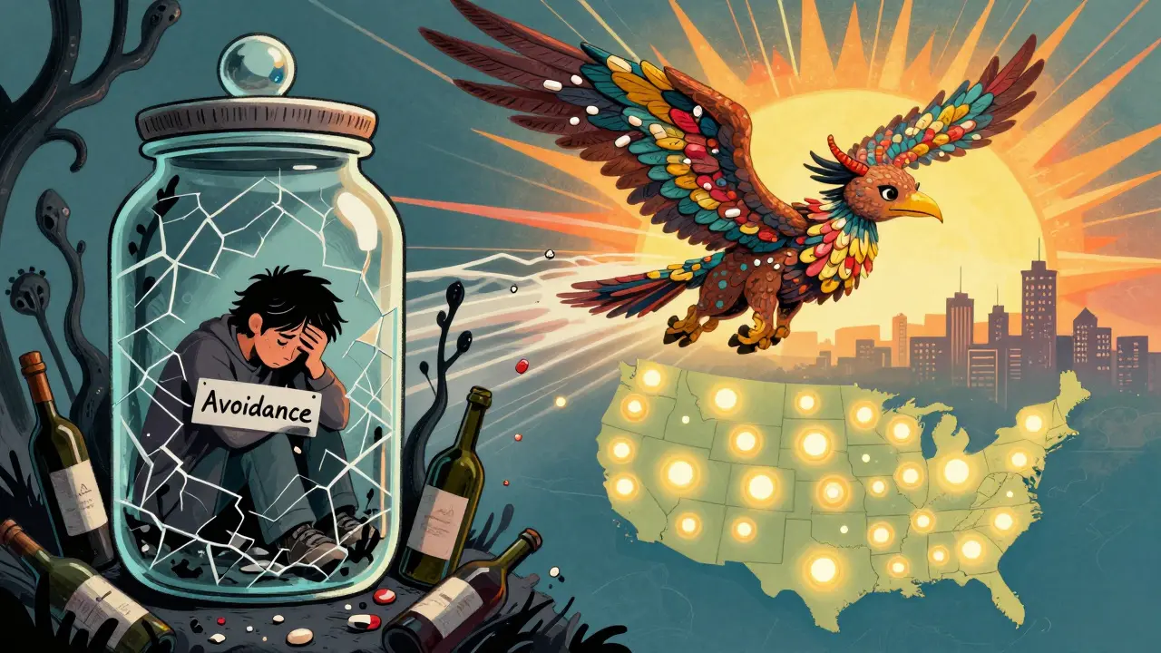 A split scene: one side shows despair trapped in glass, the other shows flight on a biologic-aspirin winged alebrije under a sunrise.